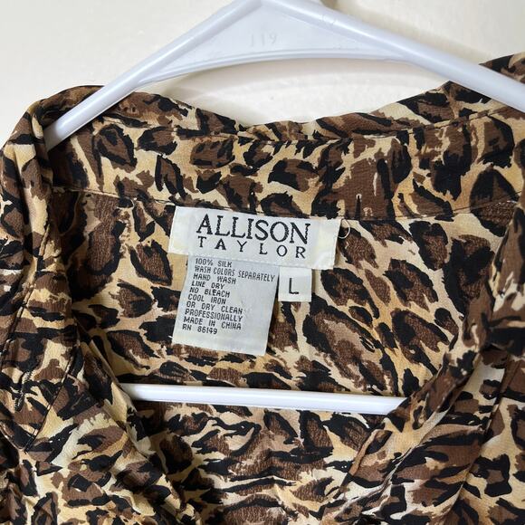 Vintage Allison Taylor 100% Silk Leopard Blouse Large Brown Animal Print - Picture 3 of 4